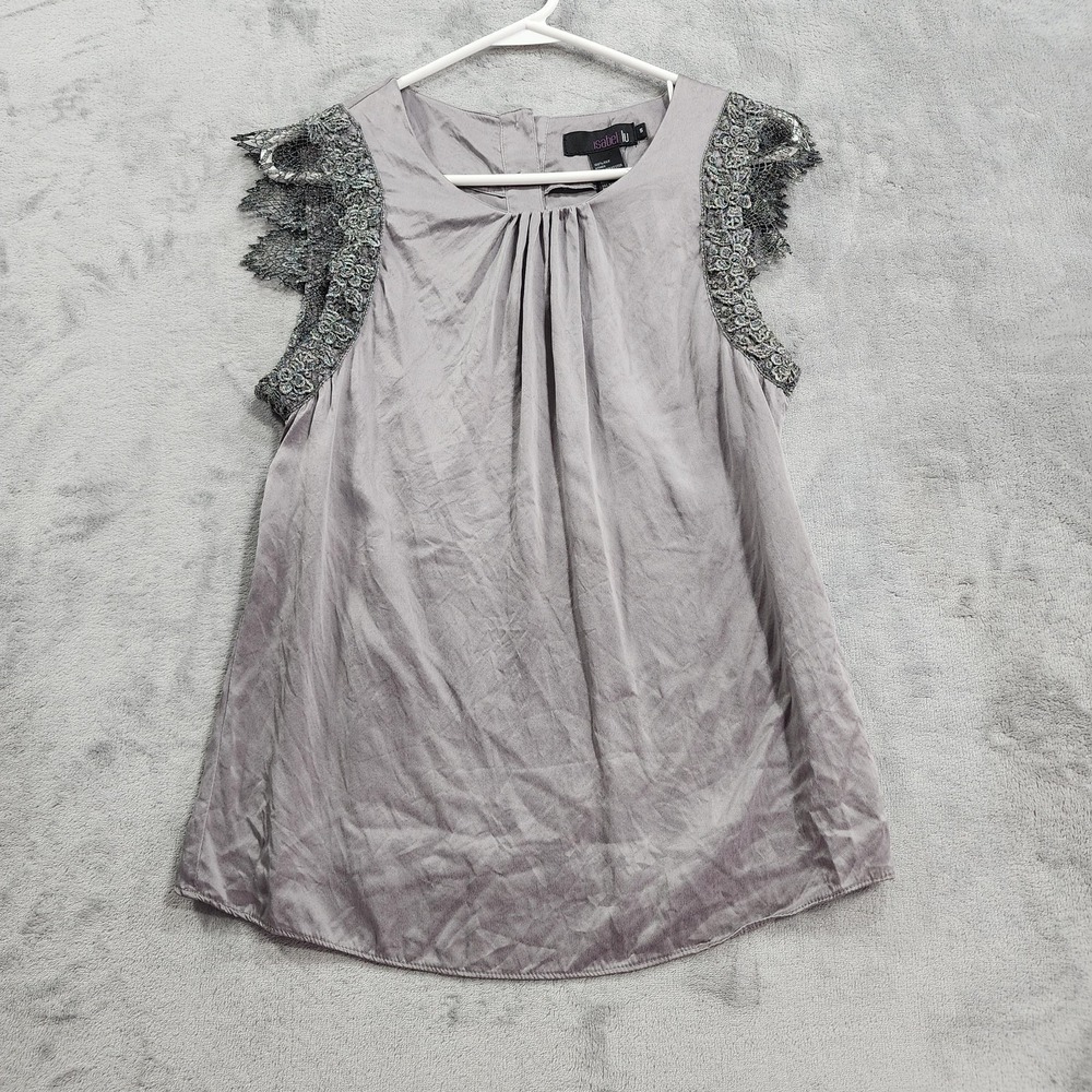 Isabel Lu Top Womens S Gray Silver Metallic Silk Lace Cap Sleeve Round Neck
